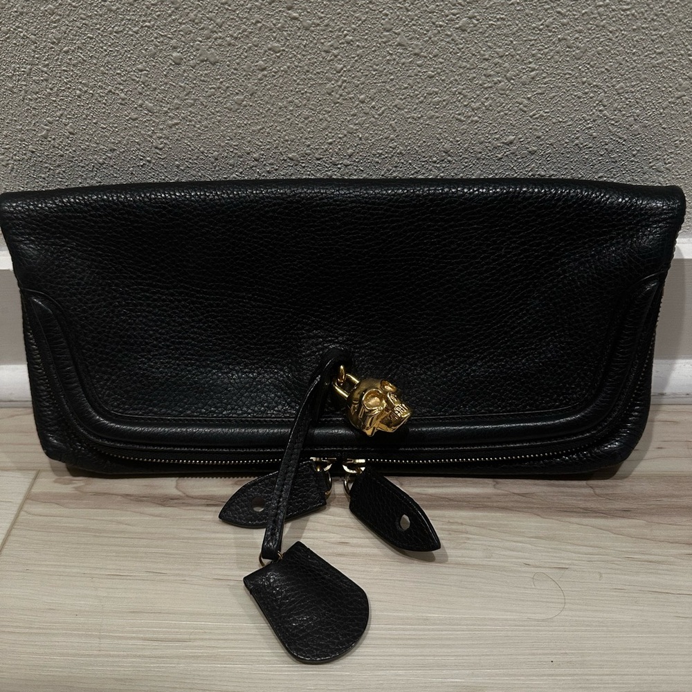 Alexander McQueen Calfskin Leather Clutch with Gold Skull Accent